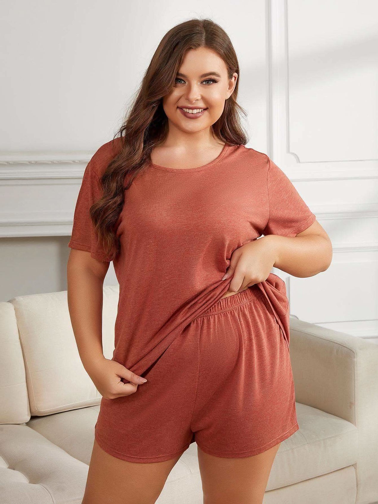Sonia Plus Size Round Neck Short Sleeve Two-Piece Loungewear Set - SwagglyLife Home & Fashion